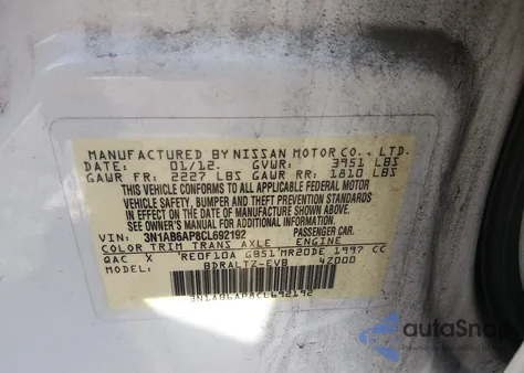 2012 Nissan Sentra 2.0 Sr z USA, uszkodzony, nr VIN 3N1AB6AP8CL692192